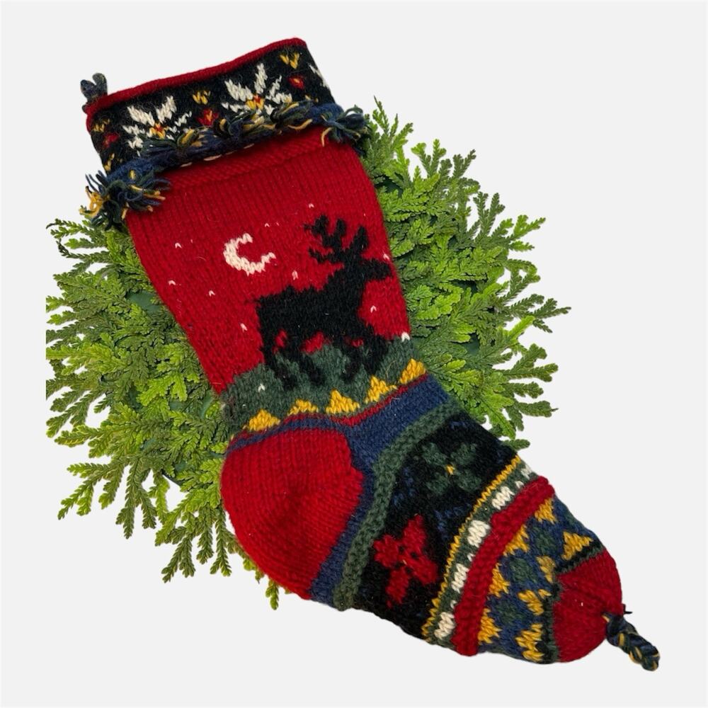Vintage Newari Icelandic Design Hand Knit 100% Wool Christmas Stocking Moose